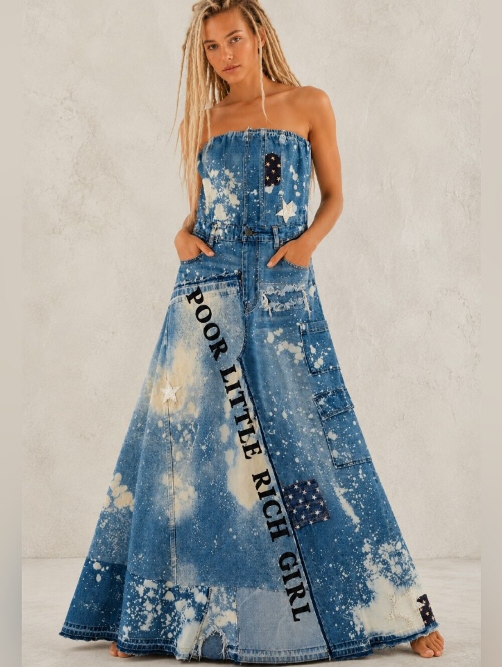 Designer Maxi Dress Skirt Upcycled Recycled Parched Denim Concept